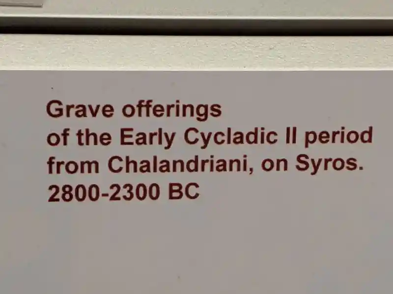 Museum display of Early Cycladic II period grave offerings including decorated ceramic frying pans from Chalandriani, Syros, 2800-2300